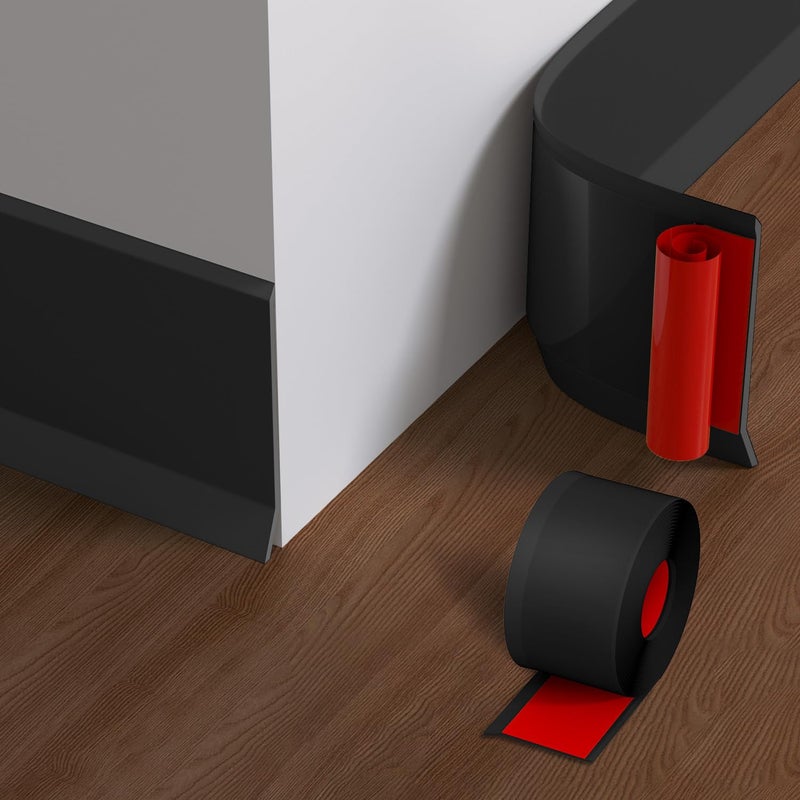 PATTENGO Flexible Baseboard Molding Trim, 4 Inch x 20 Feet Vinyl Wall Base with Wider Self-Adhesive Peel and Stick Cove Base, Rubber Wall Base Moulding Trim, Black - Image 1